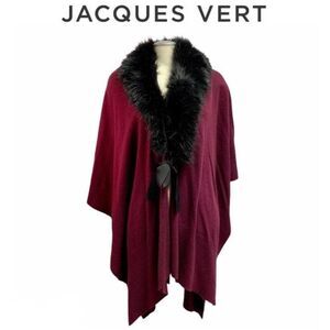 Jacques Vert plum burgundy Wool Cashmere Poncho cape shawl faux fur trim ribbon